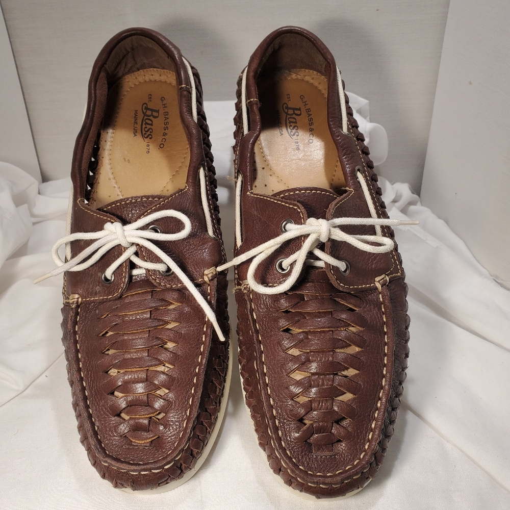 Vtg G H Bass Mens Brown Leather Woven Boat Shoes Amazonas Sole Sz 10.5
